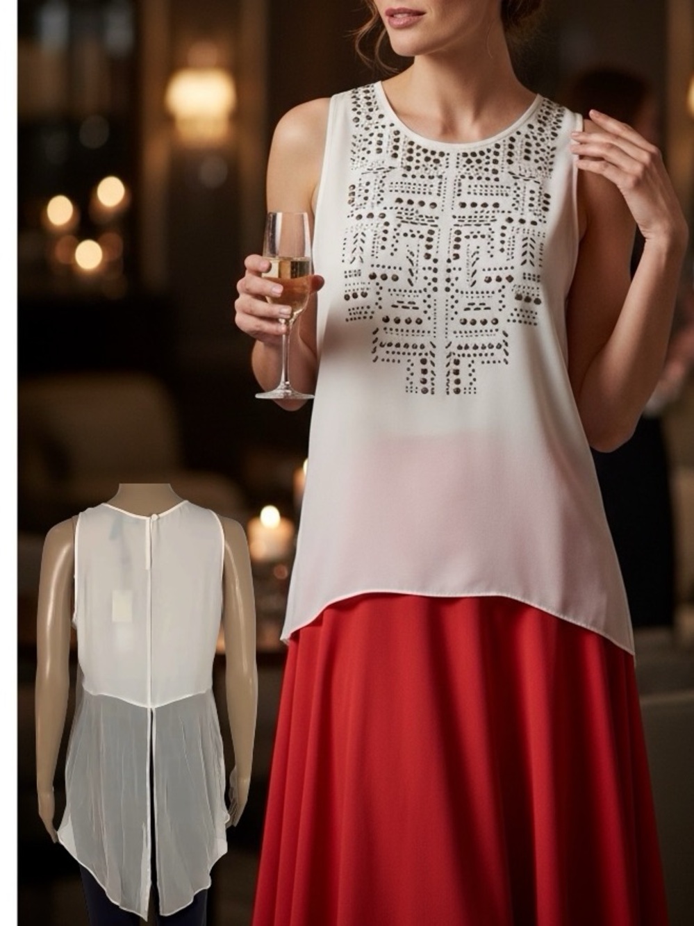 NWT BCBG Max Azria Danna Studded Geometric Chiffon Tank Top with Elongated back